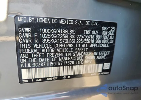 2026 Honda Hr-V Sport из США, поврежденный, VIN 3CZRZ1H59TM717320